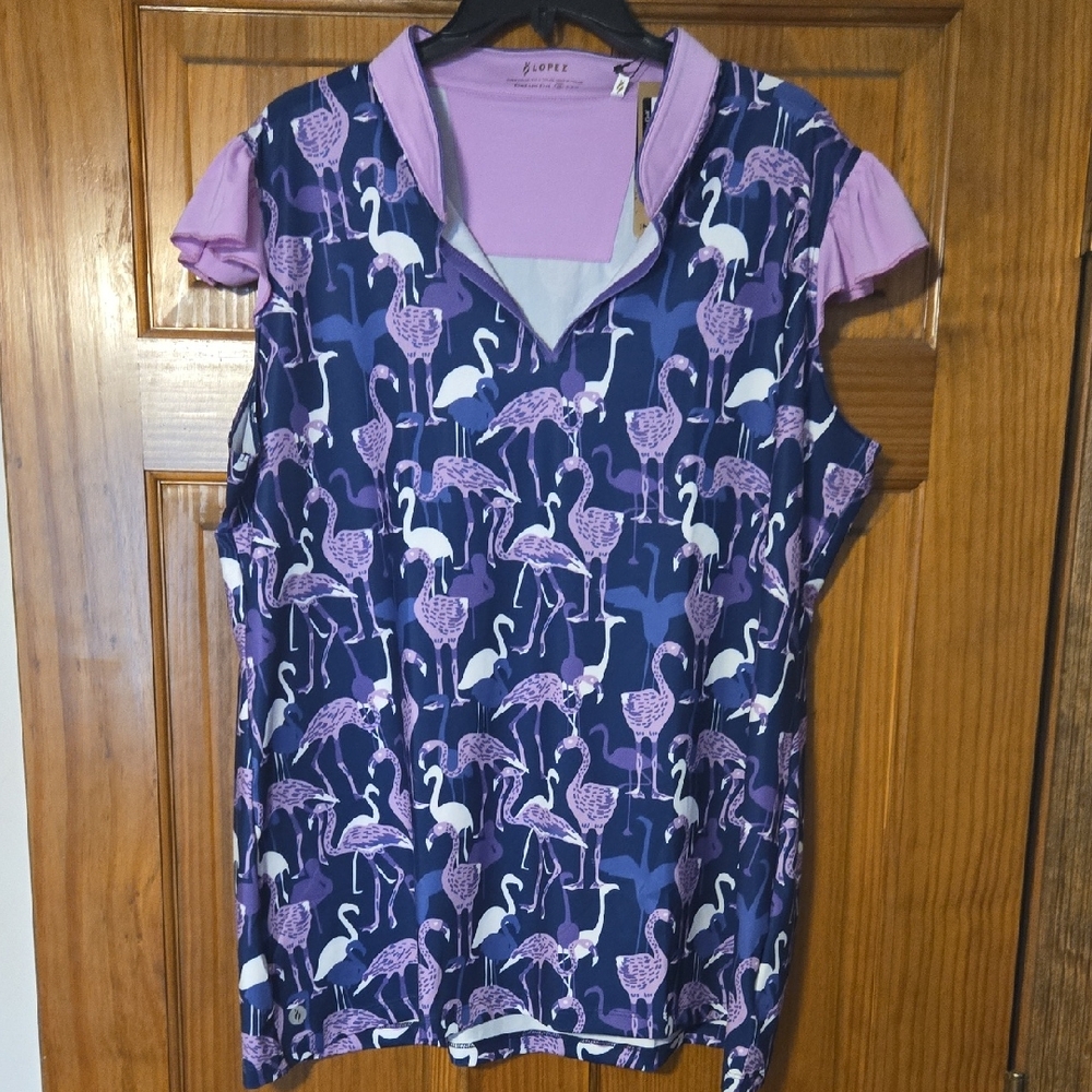 NWT Golf - NANCY LOPEZ Navy and Lavender Flamingo DeLux Dri GOLF Top